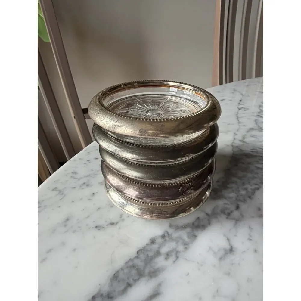 Set of 5 Leonard Silver Plated Glass Coaster Starburst Pattern Round Stackable